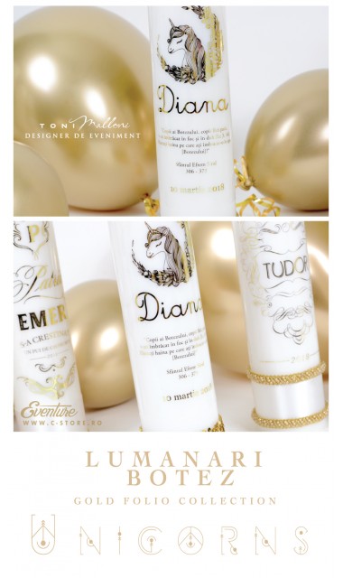 Lumanare de botez personalizata, print folio gold, 30x8cm, Unicornul Gold 2